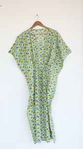 Vestido Kaftán de Algodón con Estampado Floral Verde y Amarillo para Mujer, Estilo Boho, para la Playa o el Verano - Product Image 5