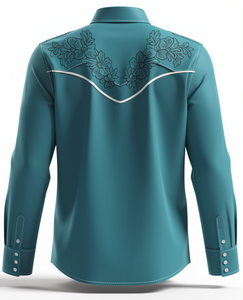 เสื้อเชิ้ตคาวบอยสไตล์ตะวันตกสำหรับผู้ชายสุดหรู ผ้าโพลีเอสเตอร์ 100% ทรงปกติ ป้องกันรอยยับ ปักลายดอกไม้ ติดกระดุมด้านหน้า มีโลโก้ แขนยาว - Product Image 2