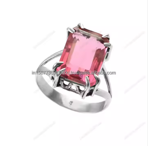 Anillo de boda y belleza de compromiso de Plata de Ley 925 más vendido, juego de piedras preciosas de turmalina rosa en plata chapada en rodio - Product Image 2