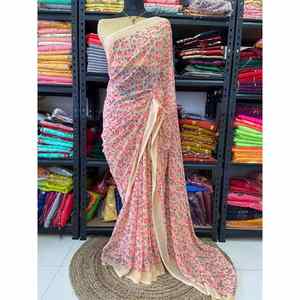 FANCY GEORGETTE PRINT WORK SAREE CON BLUSA SIN COSTAR ORO - Product Image 1