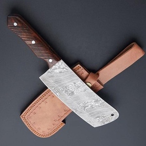 Couteau à viande artisanal en acier Damas, lame pleine longueur, hachoir de boucher avec manche en bois et étui en cuir - Product Image 3