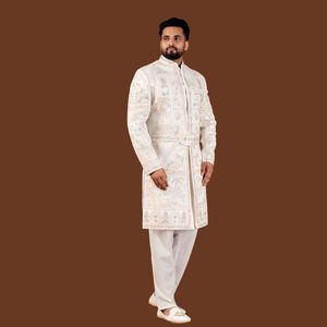 Sherwani Botanique Premium Royal Divine Pearl, Base Divine Touch, Multicolore Pastel, avec Fil Dhaga, Perles Fines et Paillettes, pour Tenue de Mariage - Product Image 1