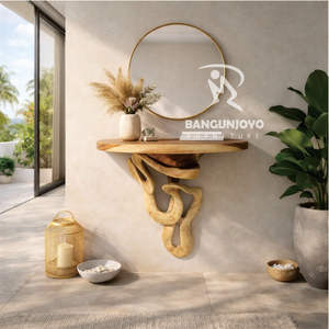 Mesa Consola de Madera Sólida de Suar con Espejo Redondo, Diseño Moderno para Sala de Estar Minimalista, Muebles para el Hogar - Product Image 1