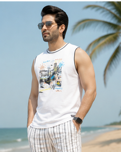 AULTRA ONE ENTERPRISES <b>Men's</b> <b>White</b> O-Neck Sleeveless <b>Tank</b> <b>Top</b> 100% Cotton 3D Printed Casual Breathable Knitted 220g - Product Image 3