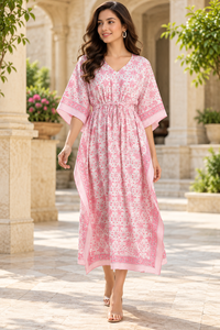 Robe Kaftan Florale Rose et Blanche pour Femme, Col en V Longue avec Bordure Décorative pour Tenue Estivale de Resort – Vente en Gros pour Acheteurs Mondiaux - Product Image 3