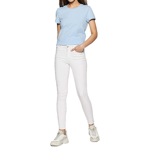 Camiseta de Manga Corta para Mujer, Cuello Redondo, Color Azul Claro, Corte Regular, 100% Algodón, Informal, Color Sólido, Transpirable, Tejido de Punto - Product Image 3