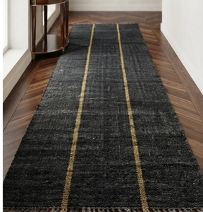 Tapis de couloir Kilim rayé fait main en laine et jute noir anthracite, style moderne, entrée, bohème, ferme - Product Image 1