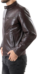 Veste moto en cuir véritable marron pour homme, col montant, fermeture éclair, coupe classique, pour l'automne - Product Image 5