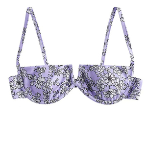 Women's Floral Print Bikini Set <b>Bandeau</b> Top Thong Bottom Stretch Swimwear Purple Patterned Two Piece Swimsuit - Product Image 4