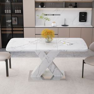 Tavolo da Pranzo Moderno Quadrato con Piano in Marmo Bianco Estensibile e Base in Metallo a X in MDF con Design Stampato (SKU W7) - Product Image 2