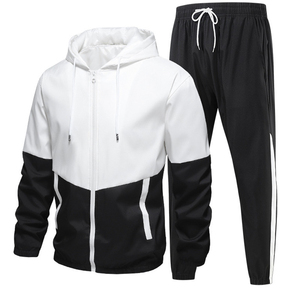 Men's Black <b>White</b> Color Blocking Hooded Tracksuit Full Zip Sweatshirt <b>Joggers</b> Sporty Style Breathable Polyester Autumn Wear - Product Image 3