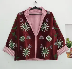 Ethnic Folk Art Suzani <b>Velvet</b> <b>Jacket</b> for <b>Women</b> Stand Collar Embroidered Bohemian Fashion Layering Piece For Winter - Product Image 2