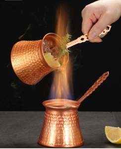 Copper Turkish Coffee Pot Cezve Ibrik With Spoon Traditional Design Hand Hammered Metal Coffee <b>Maker</b> - Product Image 3