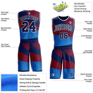 Conjunto de Uniforme de Baloncesto Sublimado Personalizado Azul y Rojo con Nombre del Equipo y Número 00, Ropa Deportiva Unisex que Absorbe la Humedad - Product Image 2