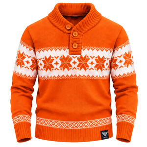 <b>Mens</b> Orange Fair Isle Knitted Sweater And <b>Shawl</b> Collar Three Button Placket Nordic Snowflake Pattern Long Sleeve Winter Pullover - Product Image 1