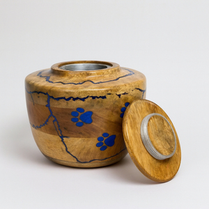 Urna Funeraria de Madera Hecha a Mano para Mascotas con Diseño de Huella Azul, Urna Conmemorativa Redonda de Madera Natural, Pequeño Recuerdo - Product Image 6