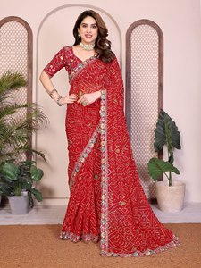 Sari con Estampado Bandhani de Diseñador y Borde Bordado |   Sari Étnico Tradicional Indio para Mujer |   Ropa Festiva para Fiestas - Product Image 1