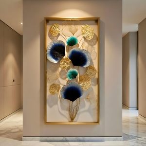 Handcrafted Gold Framed 3D Metal Floral <b>Wall</b> Art with Blue and Teal Flowers for Modern Home <b>Decor</b> - Product Image 3