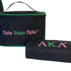 AKA Sorority <b>3</b>-Piece Makeup Travel Set Black with Pink & Green Embroidery Cosmetic Bag Organizer <b>Storage</b> Pouch - Product Image 3