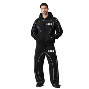 RTP Stitched Piping Zip Cropped Hoodie Baggy Track Pants <b>Set</b> Custom Heavyweight Fleece 2 Piece Casual Breathable Samavia Men's - Product Image 1