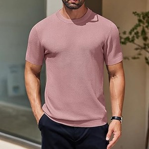 Camiseta de punto para hombre, estilo urbano, manga corta, cuello redondo, rosa empolvado, textura gofrada, holgada, con estampado animal, ideal para verano. - Product Image 2