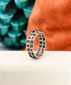 Natural Blue Sapphire Triple-Row <b>Statement</b> <b>Ring</b> in Solid 18K Yellow Gold – Wide Triple-Band Bezel Set <b>Ring</b> September Birthstone - Product Image 2