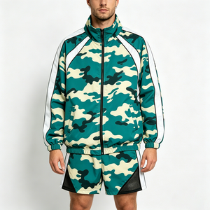 Men Camouflage <b>Tracksuit</b> Set Full Sleeve Stand Collar Zipper Fly Breathable Lightweight Streetwear Shorts With Side Pockets - Product Image 3