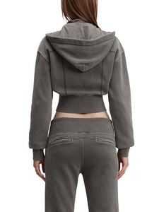 Women's <b>Cropped</b> Hooded <b>Zip</b>-<b>Up</b> Sweatshirt Solid Color Full Sleeve Knitted Cotton Autumn Casual Streetwear - Product Image 4