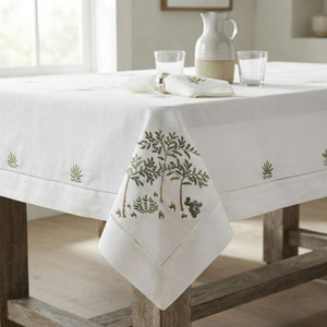 Nappe en coton moderne personnalisée avec ourlet festonné, broderie arbres sauvages, formes variées, durable, lavable, toutes tailles, vente en gros - Product Image 1