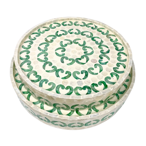 Tazón de fruta de MDF con incrustaciones de Capiz con patrón de Corazón Verde redondo, bandeja de servicio decorativa hecha a mano para decoración del hogar y la cocina - Product Image 5