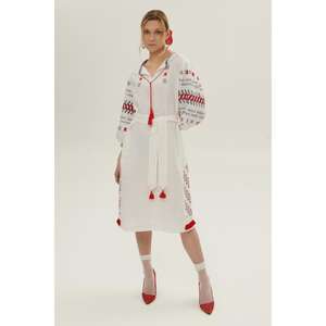 Vestido Midi de Lino Lavable Ecológico Blanco Bordado para Mujer al por Mayor con Cinturón, Túnica Kurti Étnica de Manga Larga - Product Image 1