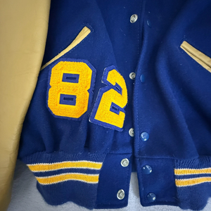 Casual Sports Varsity <b>Jacket</b> Delong Sportswear Varsity Letterman <b>Jacket</b> Blue Tan Sleeves Chenille 82 - Product Image 4