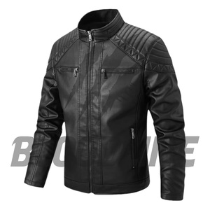 Men's Black PU Leather Moto <b>Biker</b> <b>Jacket</b> Stand Collar Slim Fit Zipper Closure Windproof Autumn Wear - Product Image 1