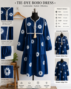 Vestido Boho de Algodón Tie Dye para Mujer - Vestido Casual de Manga Larga con Borlas Indigo de Alta Demanda, Cuello con Lazos y Ribete en Contraste, con Volantes - Product Image 5