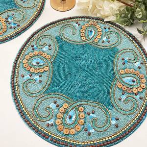 Handmade Knitted Floral Pattern Polyester/Cotton Eco-Friendly Home Use <b>Placemat</b> Set Teal & Wood <b>Beads</b> 14 Inch - Product Image 3