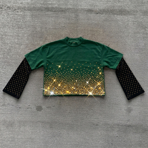 Camiseta de doble capa con pedrería unisex de manga larga 2 en 1, camiseta de doble capa con pedrería extragrande para verano - Product Image 6