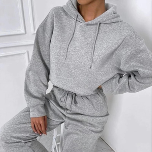 Conjunto de Sudadera con Capucha Oversize para Mujer, Gris, Mezcla de Algodón, Tejido con Estampado de Letras en la Espalda, Ropa Casual de Otoño - Product Image 3