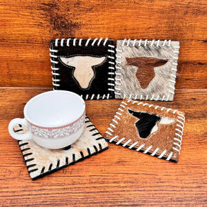 Venta superior hecho a mano Longhorn Cowhide Posavasos Set Western Hair On Hide Posavasos de cuero genuino para bebidas Western Home Decor Gifts - Product Image 2