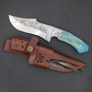 Cuchillo de caza de hoja fija de acero OEM personalizable al por mayor con mango de hueso grabado, punta caída y funda de cuero. Cuchillos grabados. - Product Image 4