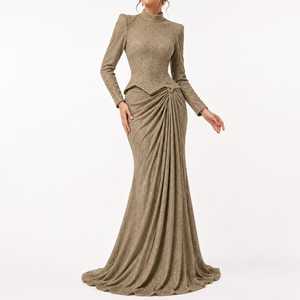 Robe longue moulante en tweed avec perles, paillettes et strass pour femme |   Robe de soirée de créateur à col montant et taille naturelle, jupe drapée, hiver - Product Image 5
