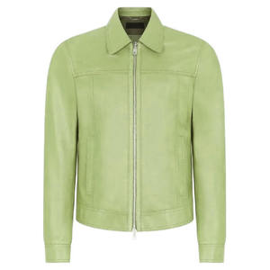 Green Faux <b>Leather</b> Moto <b>Jacket</b> Full Sleeve Zipper Closure Turn-down Collar Casual Outerwear All Seasons Solid Color - Product Image 1