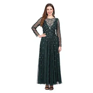 Robe de soirée élégante coupe trapèze longue avec broderie de sequins, col rond et manches longues - Product Image 6