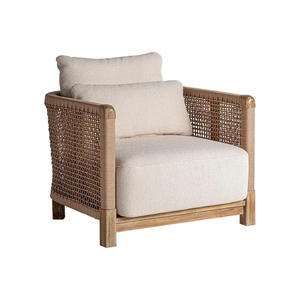Fauteuil en rotin moderne avec revêtement en lin et pieds en bois massif pour salon, meubles de style côtier - Product Image 3