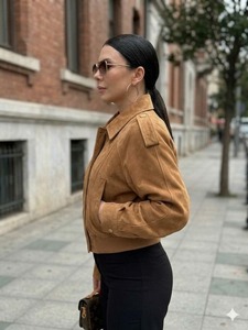 Camel <b>Suede</b> Bomber <b>Jacket</b> For <b>Women</b> - Cropped Quiet Luxury Fall Style - Product Image 2