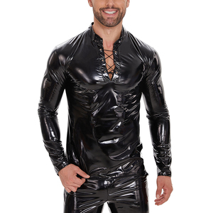 Camisa de Cuero Negra Brillante para Hombre con Detalle de Cordón, Corte Ajustado, Manga Larga, Estilo Moderno - Product Image 4