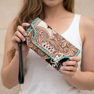 Vintage Deck Of Cards Tooled Leather Cowhide Women Wallet Turquoise Whipstitch Card Holder Clutch Purse Hair-On Zipper <b>Wristlet</b> - Product Image 1