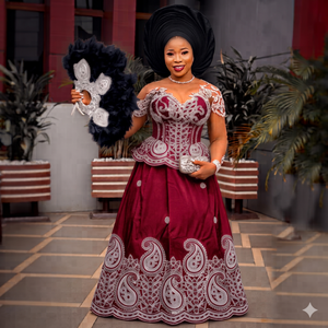 Vestido George Rojo Vino Tamaño Mediano con Bordado Plateado |   Traje de Lujo para Bodas y Fiestas Africanas - Product Image 1