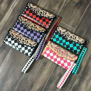 New Trending Design 2026 Hand <b>Tooled</b> Cowhide <b>Leather</b> Clutch Checkered Pattern Luxury Wallet Floral Carved Stylish Women’s Purse - Product Image 4
