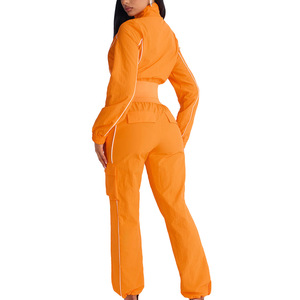 Manufacturer <b>Cropped</b> Women's Nylon Windbreaker Tracksuit Elastic Waist Custom Reflective Piping Jacket & Cargo Jogger <b>Pants</b> Set - Product Image 3