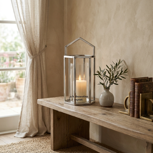 Luxury <b>Silver</b> Metal Pillar Candle Holder with House-Shape Frame Decorative Glass <b>Lantern</b> for Wedding and Event Centerpieces - Product Image 1